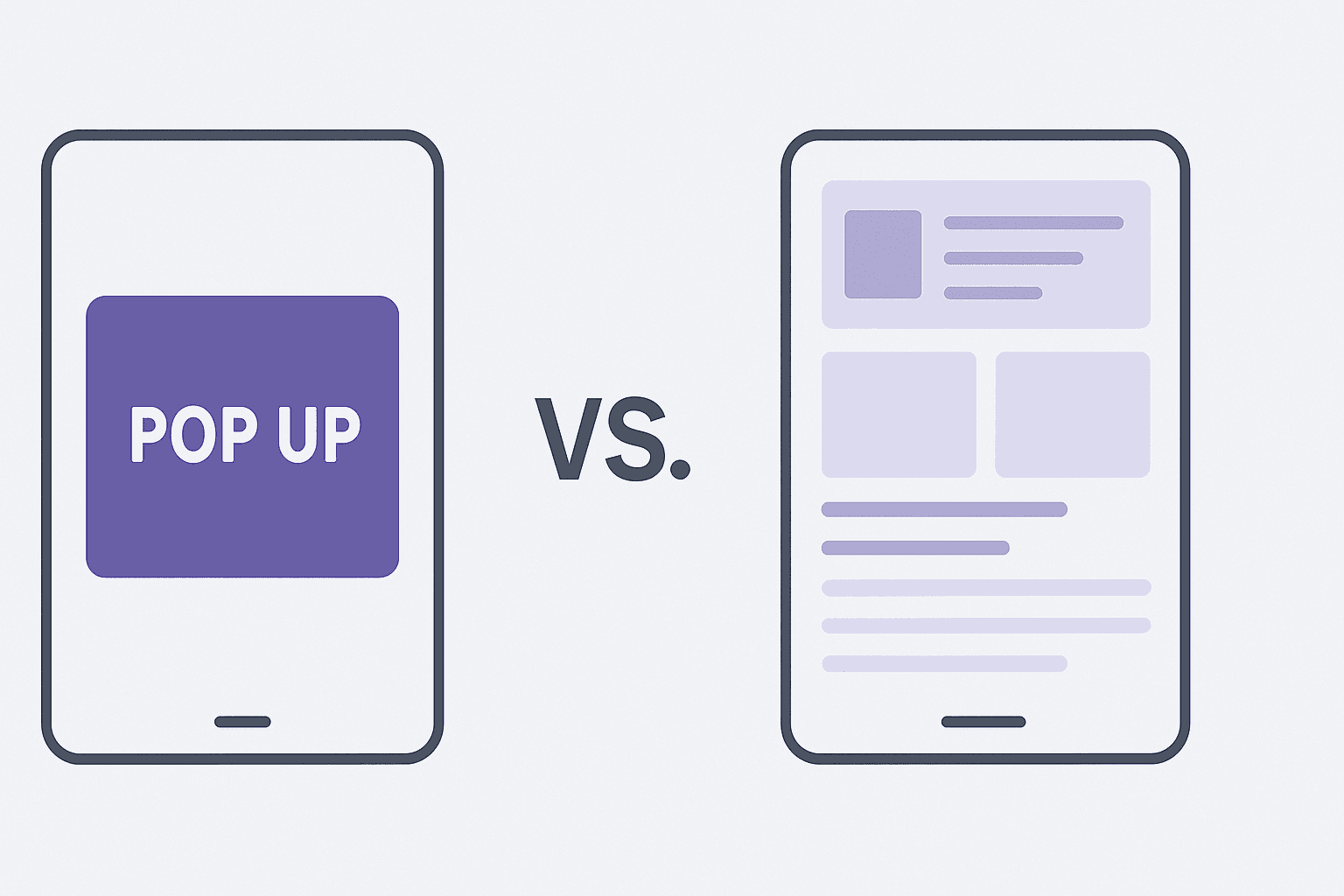 Comparison illustration showing a pop-up ad versus native content format, demonstrating the difference between intrusive and integrated advertising