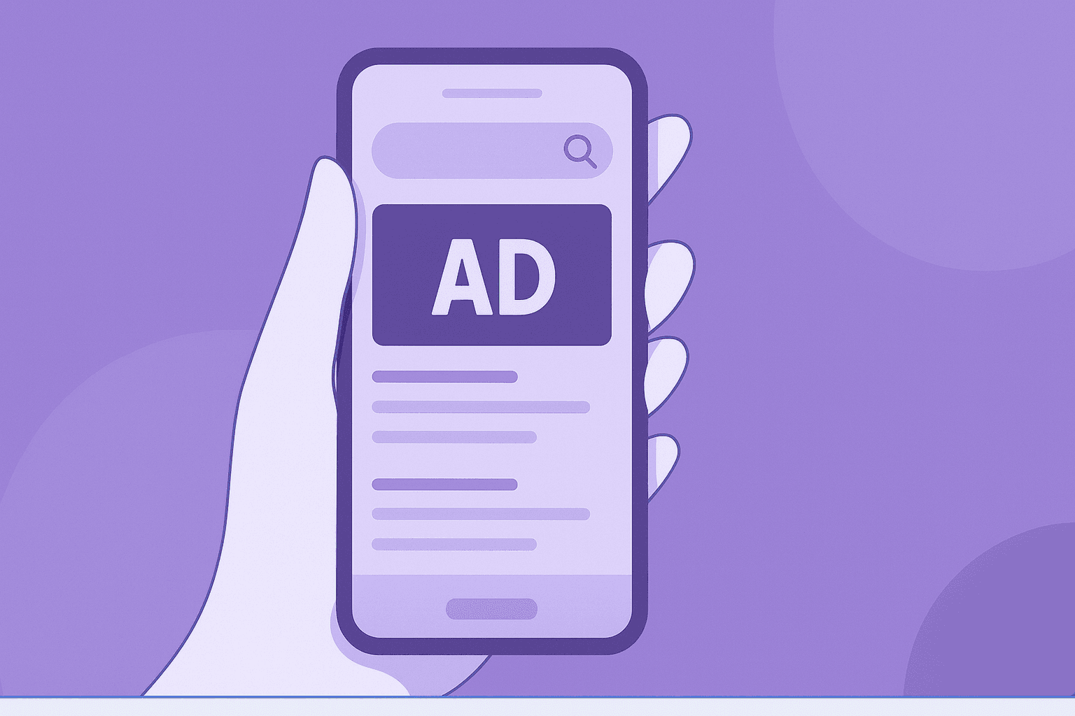 Minimalist illustration of a mobile native ad interface in pink tones showing search functionality